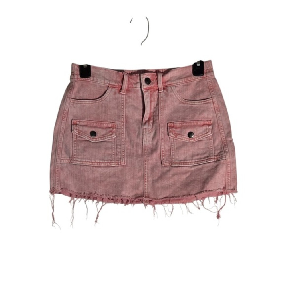 Aerie Pink Acid Wash Denim Mini Skirt‎ Raw Hem Utility Pockets XS
